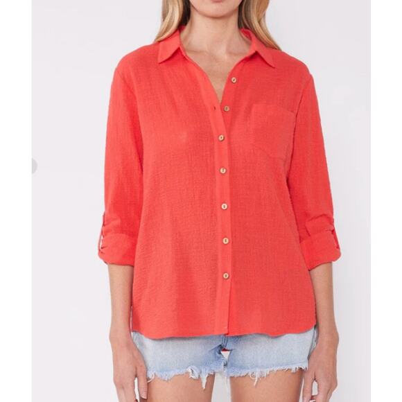 Lovestitch Breezy Basics Button Front Gauze Cotton Coral Top Large NEW - Picture 1 of 13